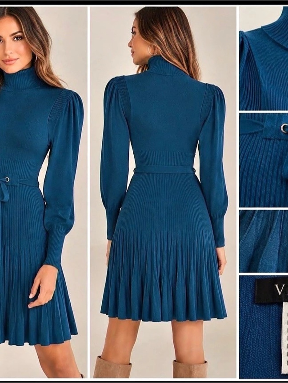 VENUS Pleated Turtleneck Sweater Dress Blue Size Small
